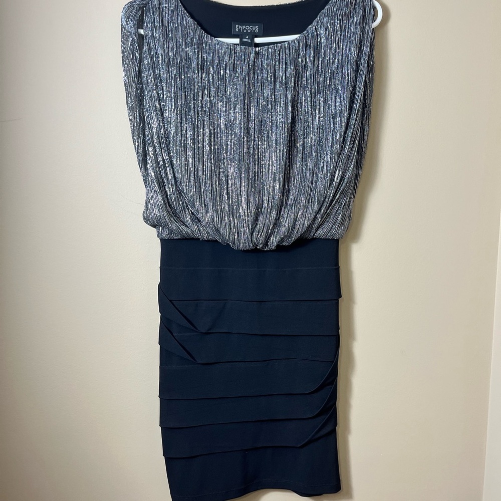 Enfocus Studio Silver Black Blouson Dress Size 4 Tiered Y2k Party Cocktail - Picture 10 of 10